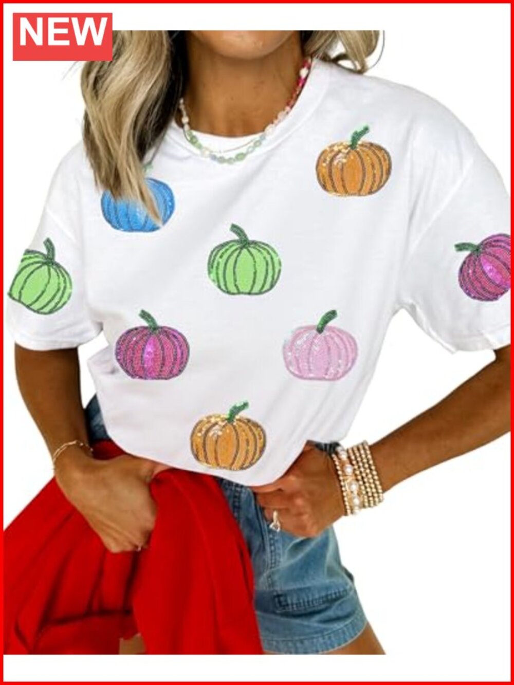 Womens Sequin Pumpkin Graphic T-Shirt Short Sleeve Crewneck Casual Fall